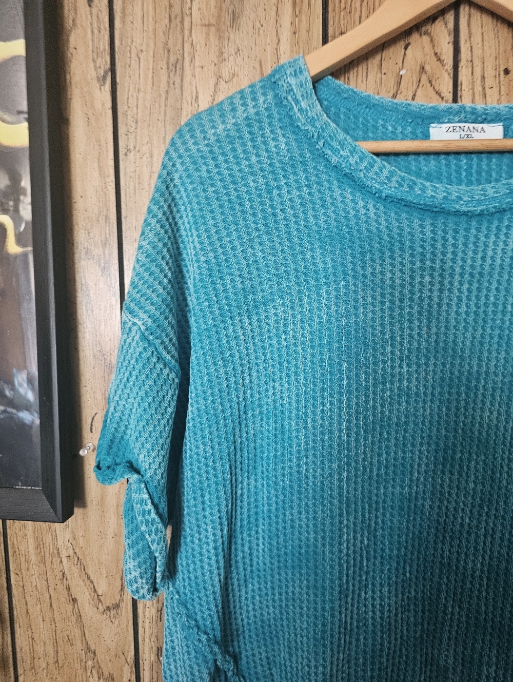 ZENANA Teal Waffle Knit Exposed Seam Oversized Boho Short Sleeve Top - L / XL - Picture 4 of 7